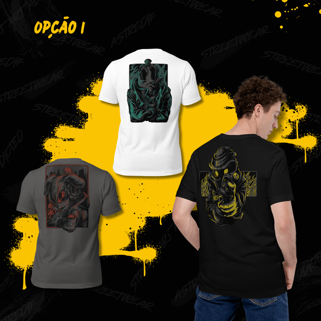 Street Ink: 3 T-shirts. 1 Voz. Zero Filtros. Este pack é um tributo à arte urbana autêntica, reunindo três t-shirts da coleção Street Ink — feitas para quem vive entre muros pintados, beats pesados e mensagens que incomodam. O que inclui o pack? Peças com