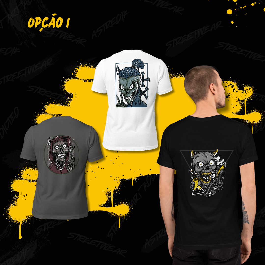 Bone Crew: 3 T-shirts. 1 Atitude. Preço de Rebeldia. Este pack exclusivo junta três t-shirts da coleção Bone Crew, criadas para quem vive a cultura hip-hop com mistério, ousadia e presença.Não são peças — são manifestações visuais da tua identidade urbana