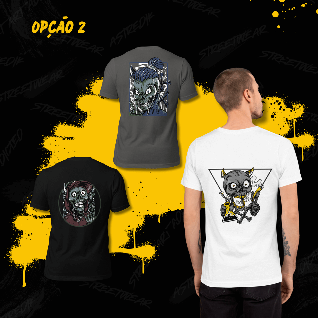 Bone Crew: 3 T-shirts. 1 Atitude. Preço de Rebeldia. Este pack exclusivo junta três t-shirts da coleção Bone Crew, criadas para quem vive a cultura hip-hop com mistério, ousadia e presença.Não são peças — são manifestações visuais da tua identidade urbana