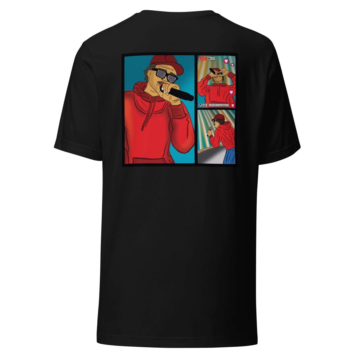 T-shirt "Não te julgues mais homem do que eu porque tens mais views" "Não te julgues mais homem do que eu porque tens mais views."Frase de Phoenix RDC que transforma esta t-shirt numa crítica afiada à cultura do ego digital. O palco vazio estampado no pei
