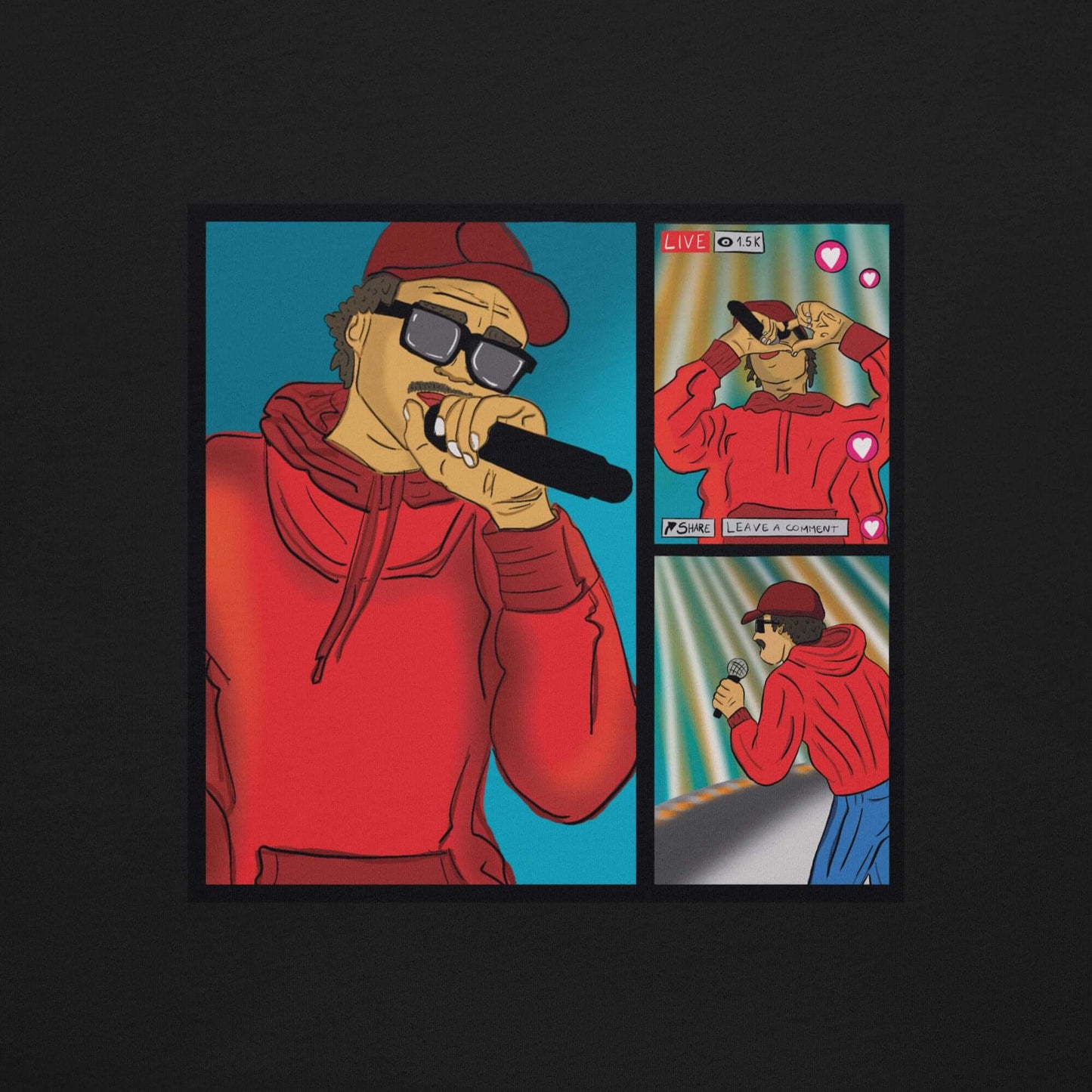 T-shirt "Não te julgues mais homem do que eu porque tens mais views" "Não te julgues mais homem do que eu porque tens mais views."Frase de Phoenix RDC que transforma esta t-shirt numa crítica afiada à cultura do ego digital. O palco vazio estampado no pei