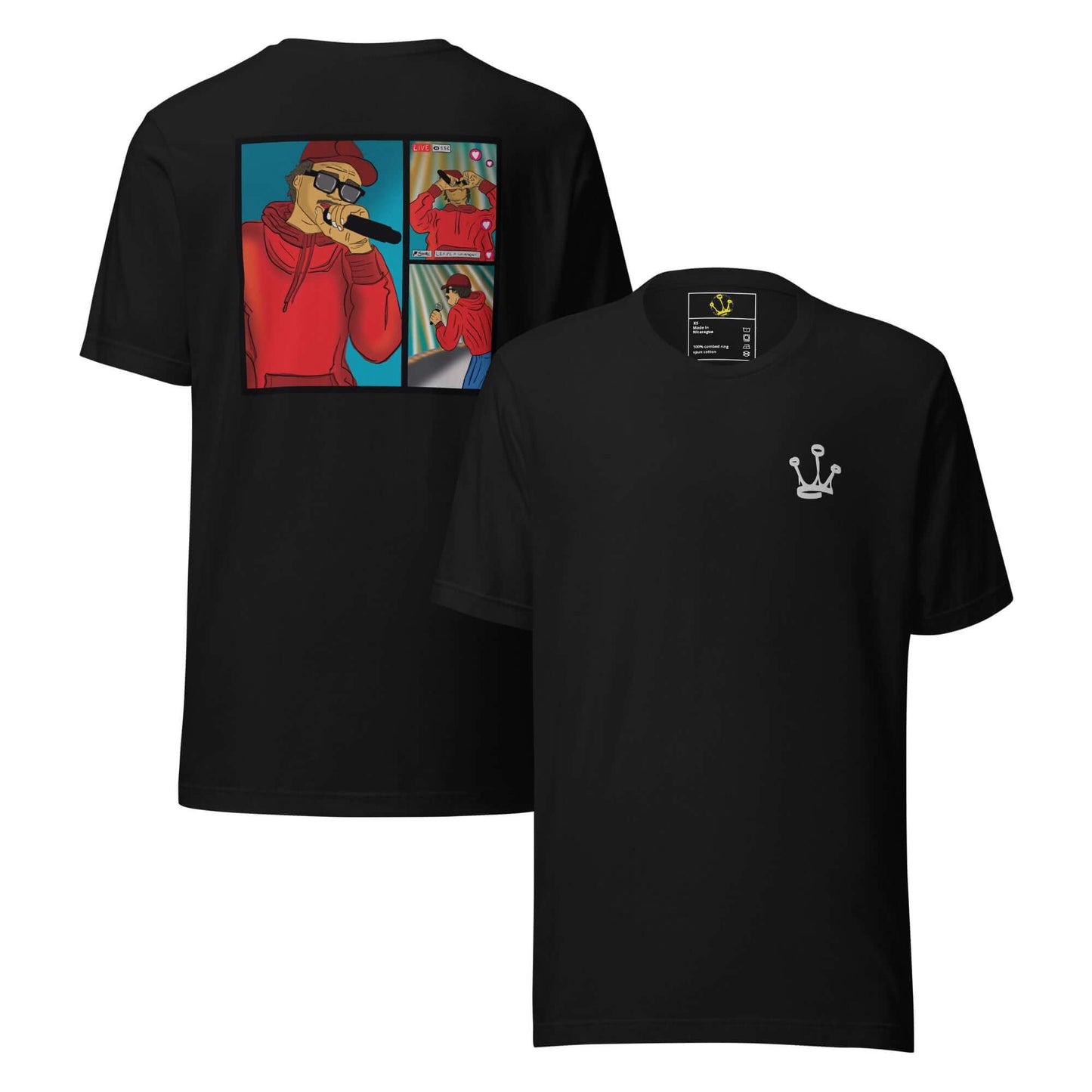 T-shirt "Não te julgues mais homem do que eu porque tens mais views" "Não te julgues mais homem do que eu porque tens mais views."Frase de Phoenix RDC que transforma esta t-shirt numa crítica afiada à cultura do ego digital. O palco vazio estampado no pei