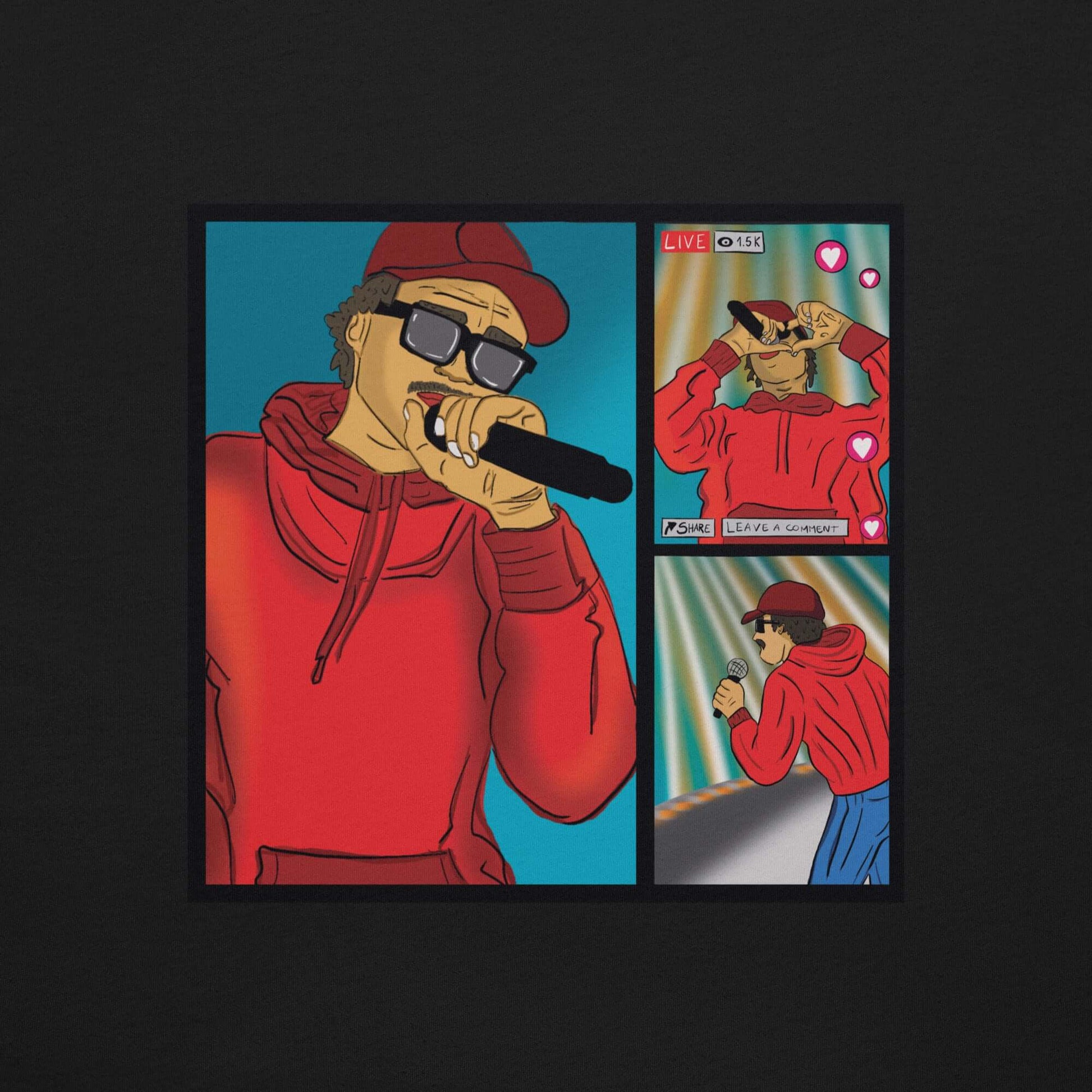 T-shirt "Não te julgues mais homem do que eu porque tens mais views" "Não te julgues mais homem do que eu porque tens mais views."Frase de Phoenix RDC que transforma esta t-shirt numa crítica afiada à cultura do ego digital. O palco vazio estampado no pei