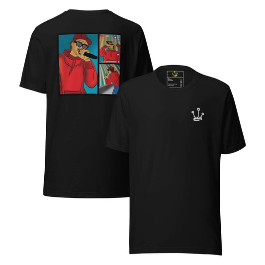 T-shirt "Não te julgues mais homem do que eu porque tens mais views" "Não te julgues mais homem do que eu porque tens mais views."Frase de Phoenix RDC que transforma esta t-shirt numa crítica afiada à cultura do ego digital. O palco vazio estampado no pei